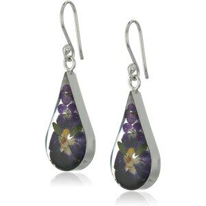Women's Purple Sterling Pressed Dried Resin Flower Teardrop Shape Earrings